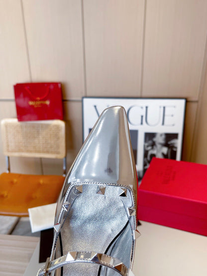 ROCKSTUD CAGED MULES 5 CM IN SILVER CALFSKIN