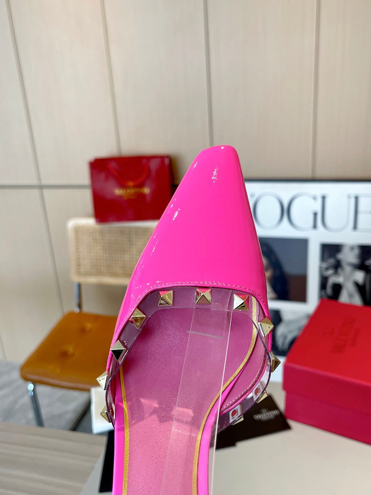 ROCKSTUD CAGED SLINGBACKS 5 CM IN DEEP PINK CALFSKIN