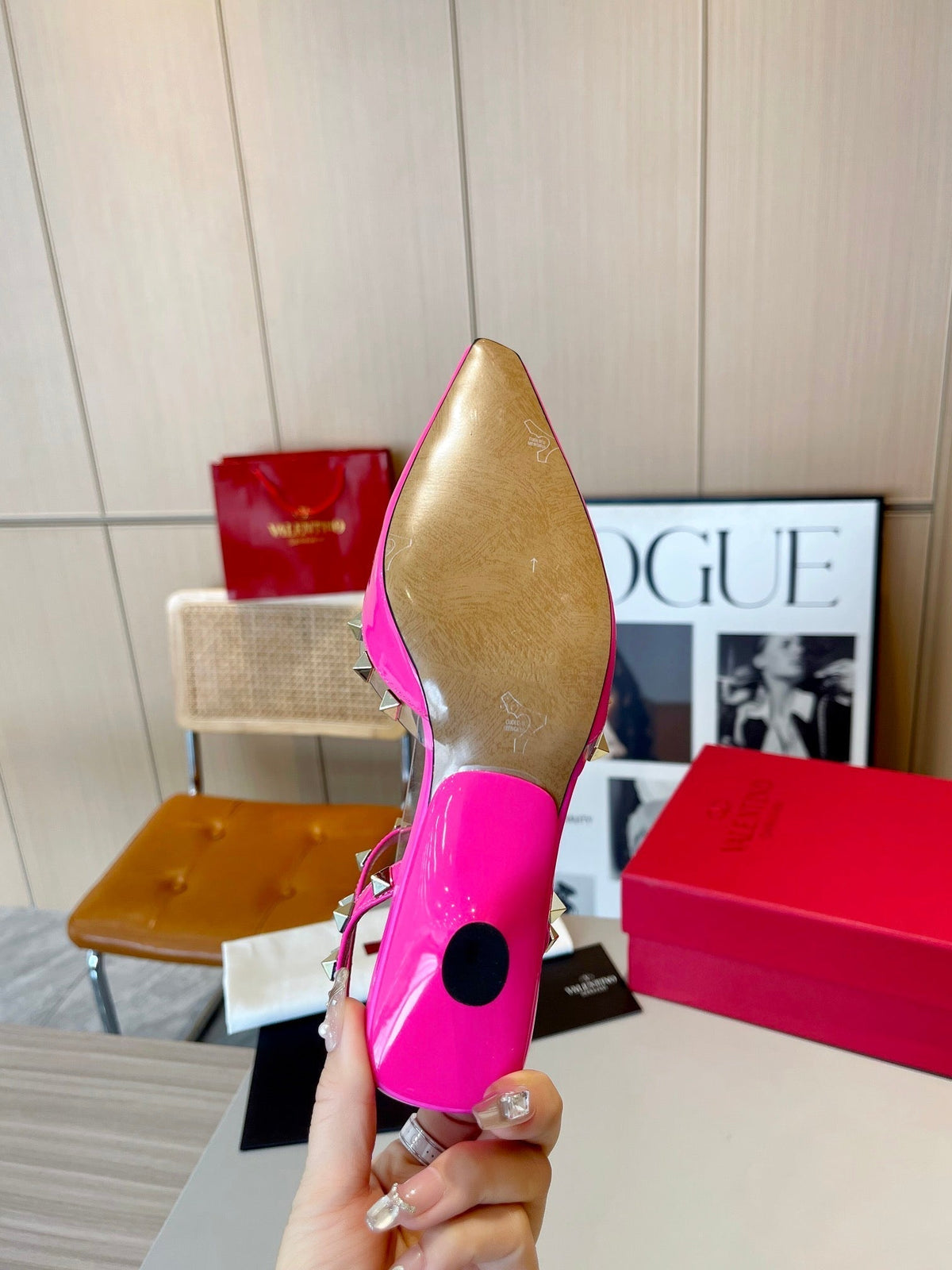ROCKSTUD CAGED SLINGBACKS 5 CM IN DEEP PINK CALFSKIN