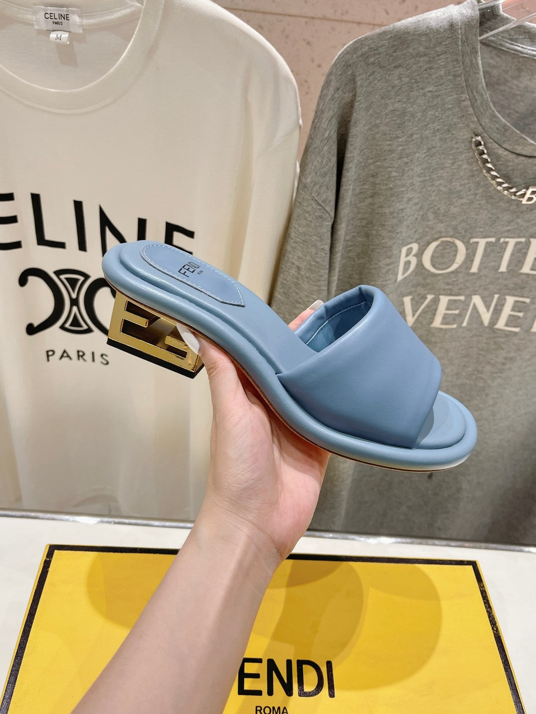 FENDI BAGUETTE MEDIUM-HEEL SANDALS 45 MM IN CERULEAN BLUE CALFSKIN