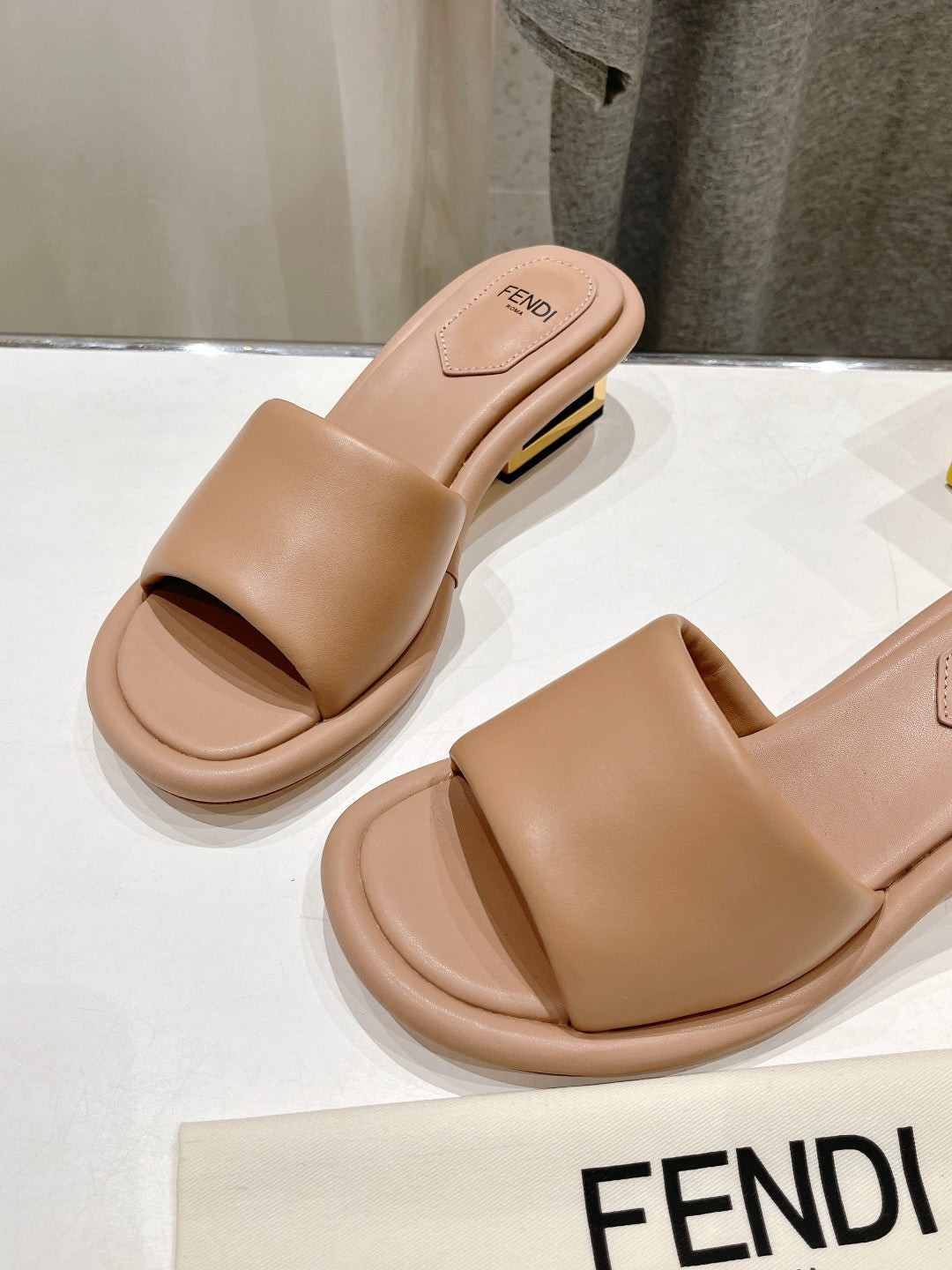 FENDI BAGUETTE MEDIUM-HEEL SANDALS 45 MM IN DESERT SAND CALFSKIN