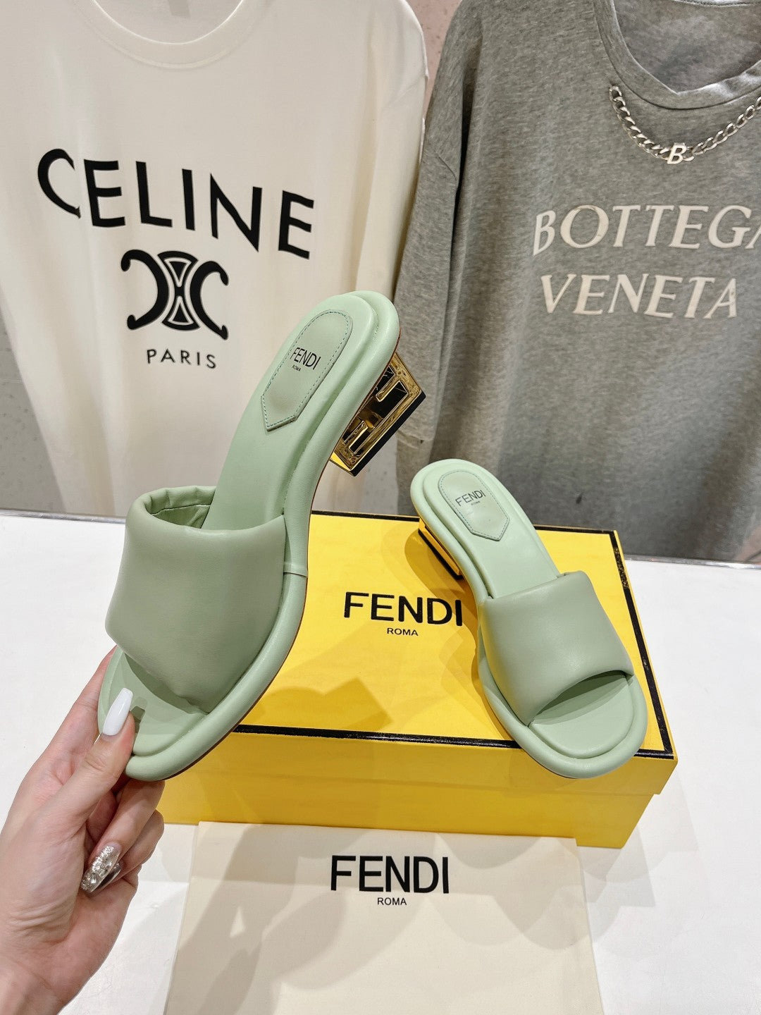 FENDI BAGUETTE MEDIUM-HEEL SANDALS 45 MM IN GREEN MINT CALFSKIN
