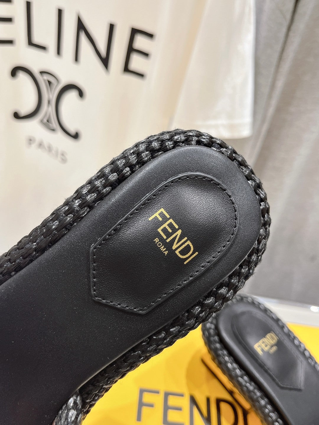 FENDI FFOLD MEDIUM-HEEL SANDALS 45 MM IN BLACK COTTON FIBRE