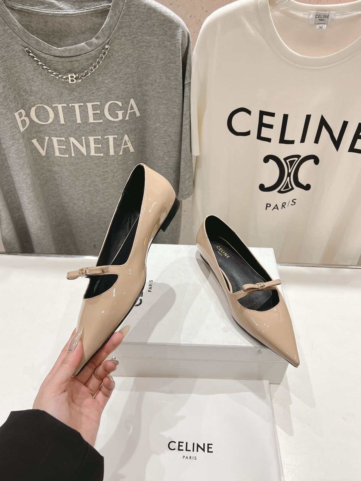 SUZY POINTY TOE BALLERINA IN TAN BEIGE PATENT CALFSKIN