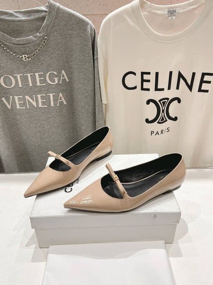 SUZY POINTY TOE BALLERINA IN TAN BEIGE PATENT CALFSKIN