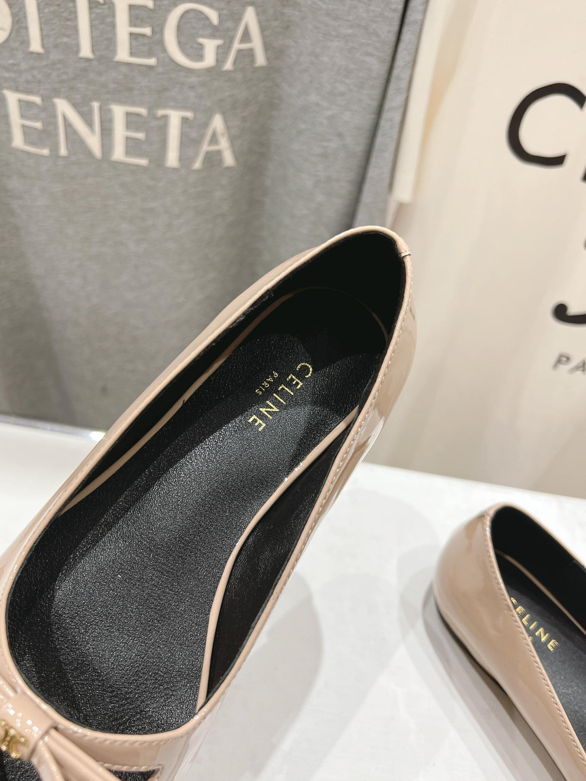 SUZY POINTY TOE BALLERINA IN TAN BEIGE PATENT CALFSKIN
