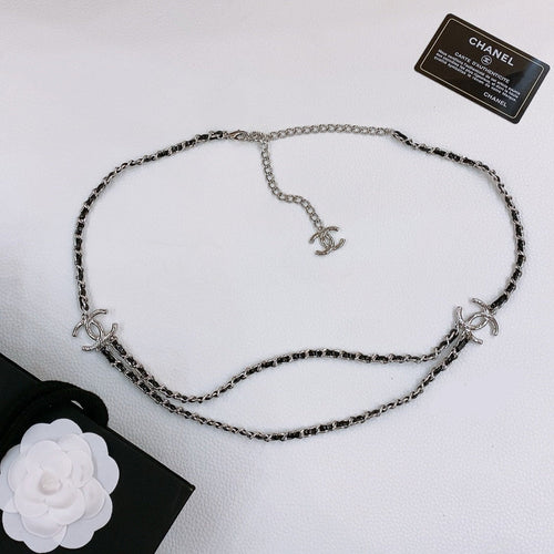 CHAIN BELT IN SILVER METAL INTERWOVEN WITH CALFSKIN STRAPS