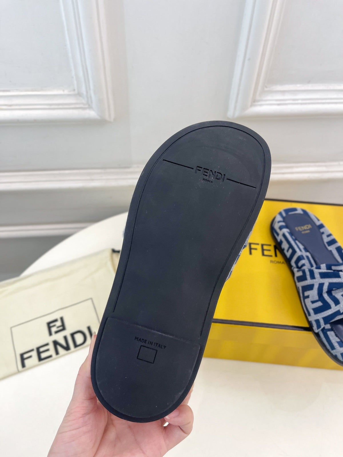 FENDI FLAT SLIPPER IN NAVY BLUE MONOGRAM JACQUARD FABRIC WITH GOLD HARDWARE