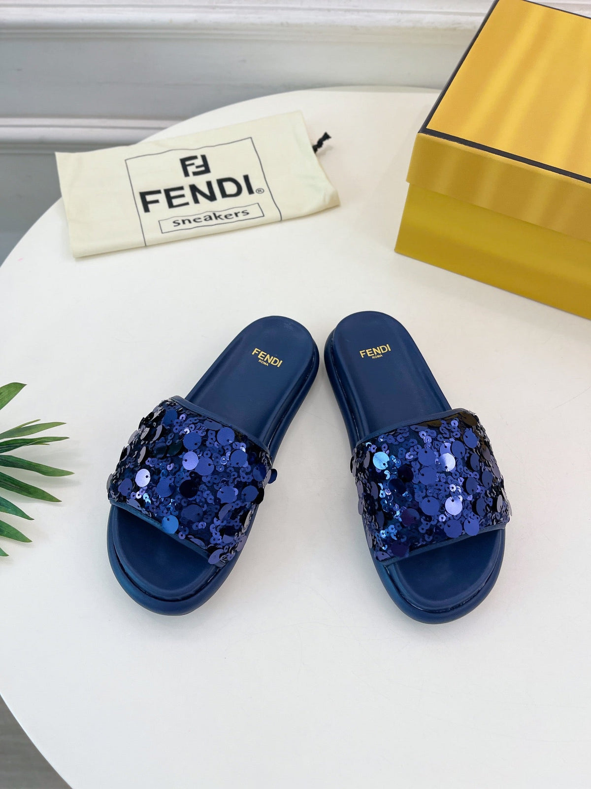 FENDI THICK SOLE 3 CM SEQUIN SLIPPER NAVY BLUE