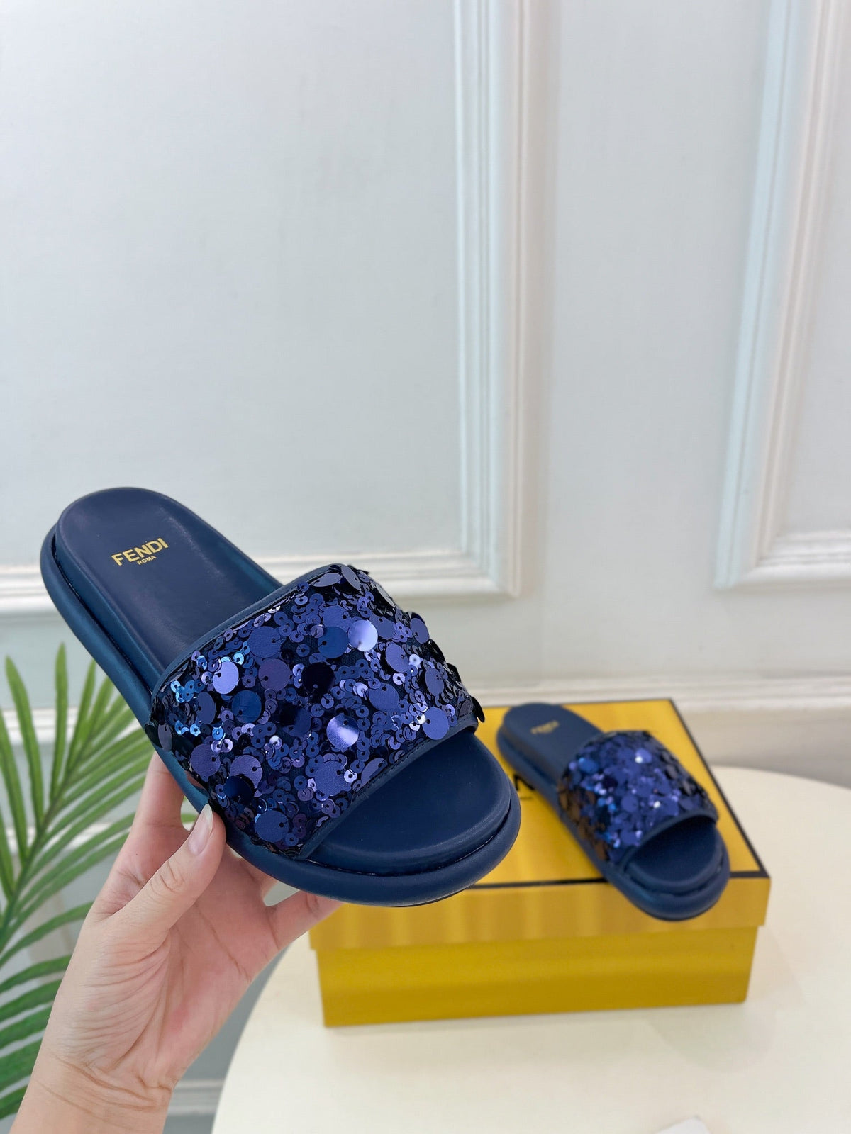 FENDI THICK SOLE 3 CM SEQUIN SLIPPER NAVY BLUE