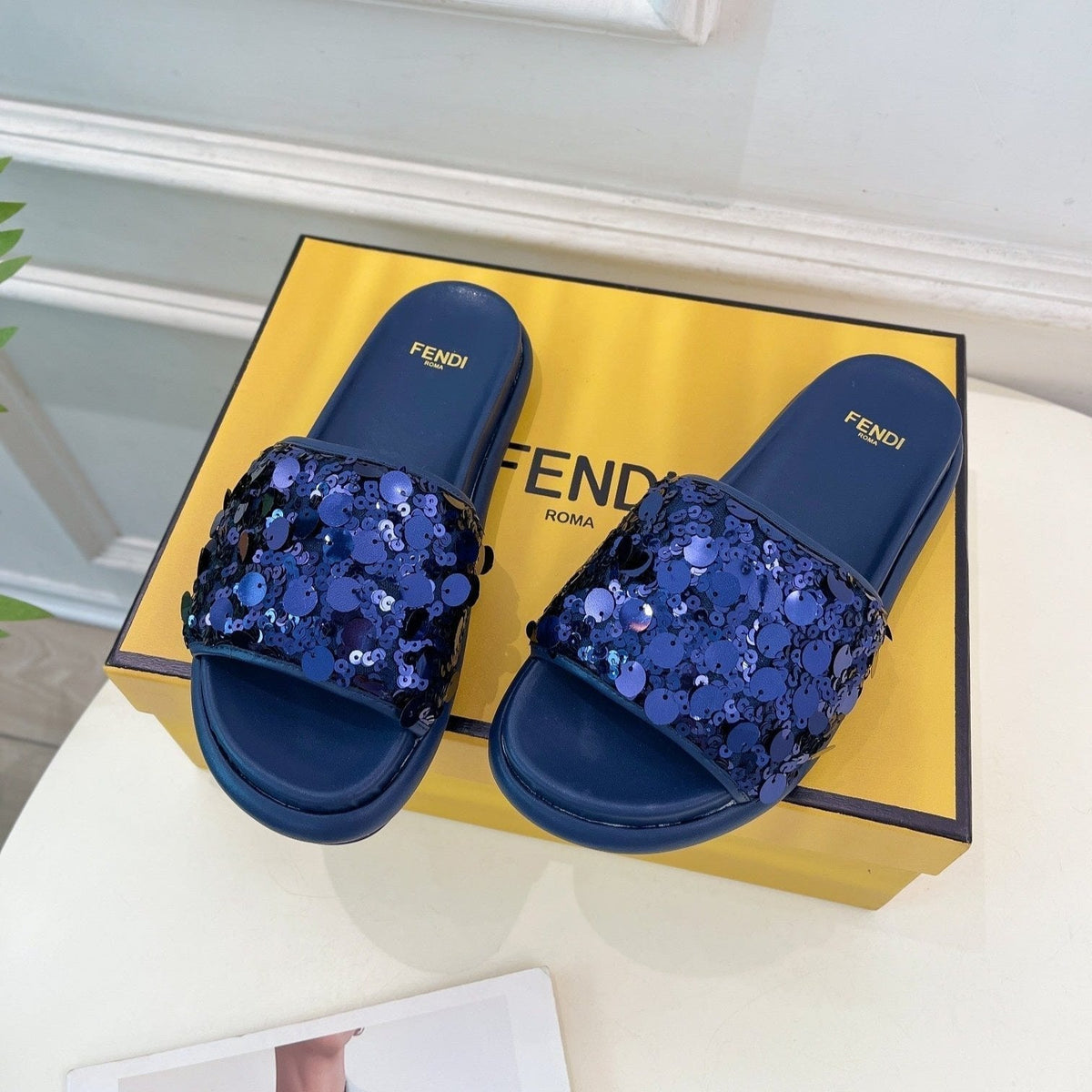 FENDI THICK SOLE 3 CM SEQUIN SLIPPER NAVY BLUE