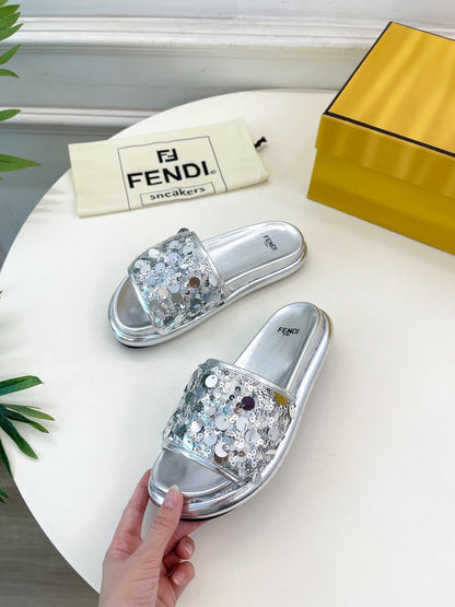 FENDI THICK SOLE 3 CM SEQUIN SLIPPER SILVER