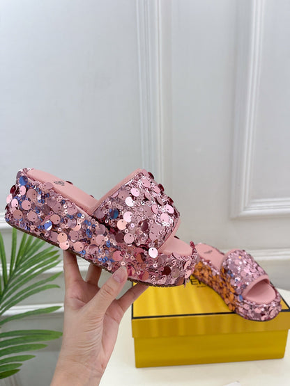 FENDI THICK SOLE 6 CM SEQUIN SLIPPER ROUGH PINK