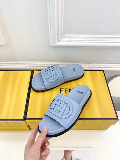 FENDI LOGO SLIDES IN BLUE POWDER CALFSKIN