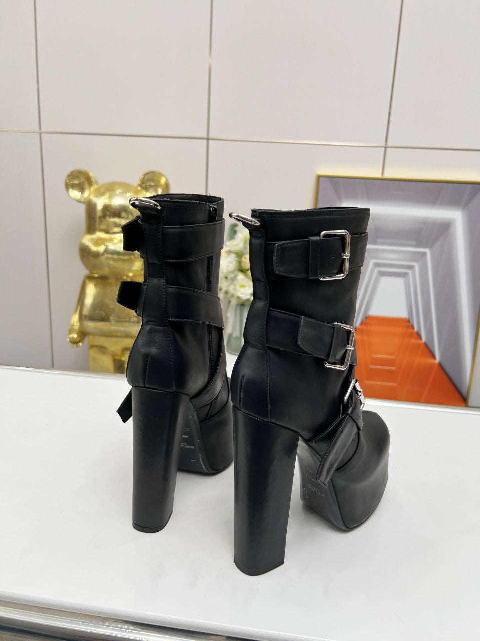 SL ANKLE BUCKLE BOOT PLATFORM BLACK SMOOTH CALFSKIN