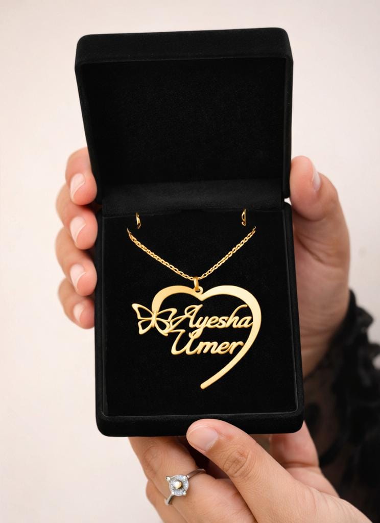 Customized Heart Name Necklace with Butterfly – Silver & Gold | Personalized Jewelry Gift