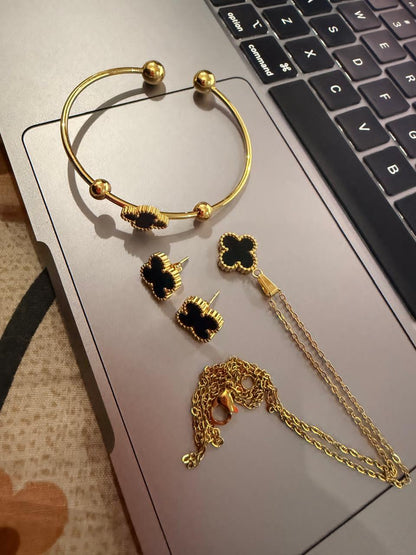 Luxury Black Clover Jewelry Set – Gold Plated | Waterproof | 4 Pcs Set | Free Delivery