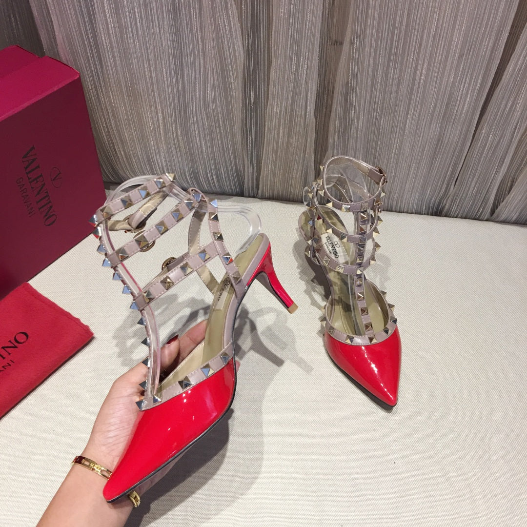 ROCKSTUD CAGED PUMP 65MM IN RUBY RED MIX LIGHT PINK PATENT CALFSKIN