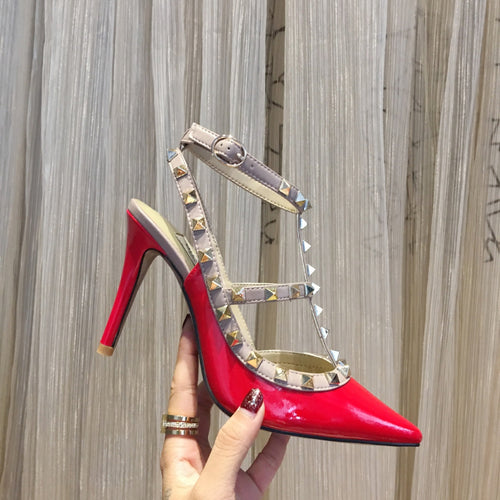 ROCKSTUD CAGED HIGH PUMP IN CHERRY RED MIX LIGHT PINK PATENT CALFSKIN 100 MM