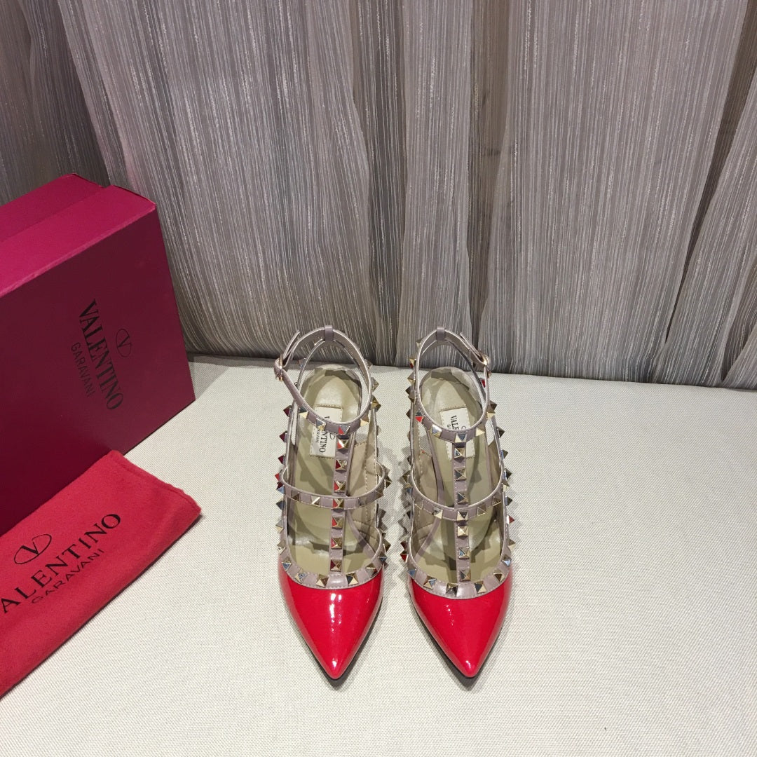 ROCKSTUD CAGED HIGH PUMP IN CHERRY RED MIX LIGHT PINK PATENT CALFSKIN 100 MM