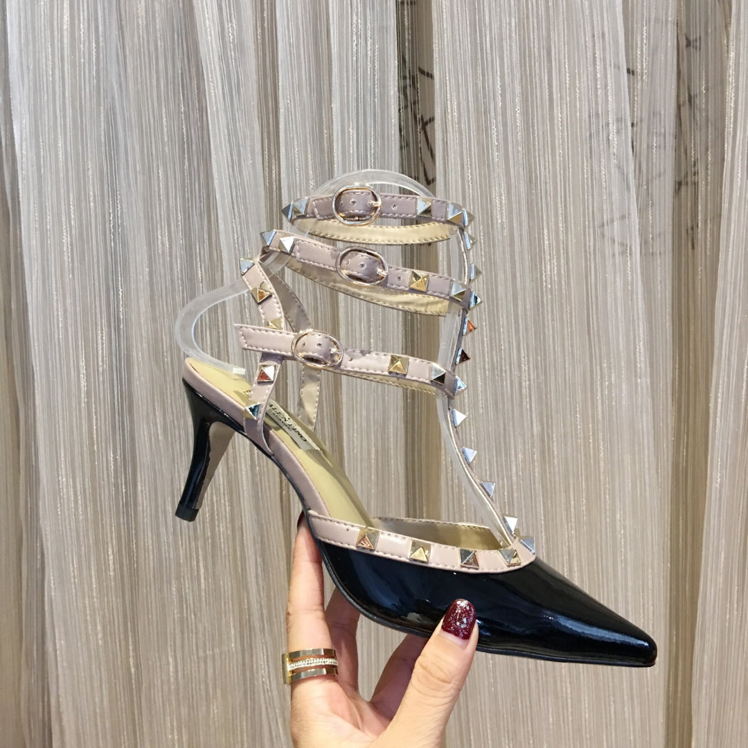 ROCKSTUD CAGED PUMP 65MM IN BLACK MIX LIGHT PINK PATENT CALFSKIN