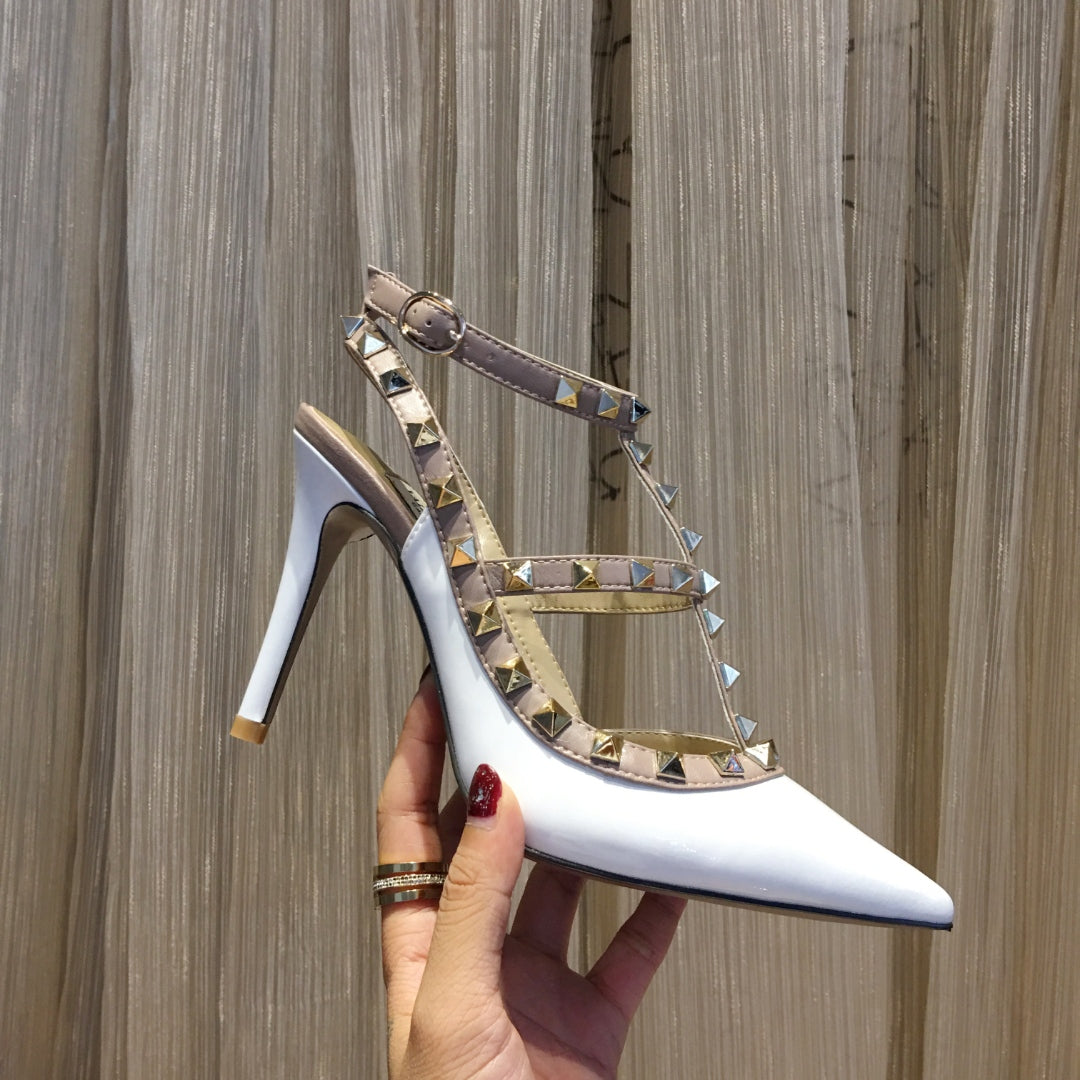 ROCKSTUD CAGED HIGH PUMP IN WHITE MIX LIGHT PINK PATENT CALFSKIN 100 MM