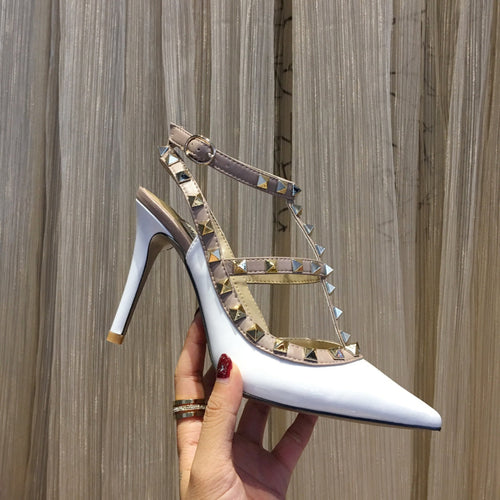 ROCKSTUD CAGED HIGH PUMP IN WHITE MIX LIGHT PINK PATENT CALFSKIN 100 MM