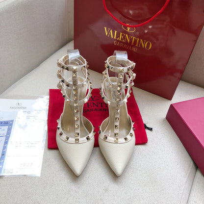 ROCKSTUD WHITE CREAM METALLIC CALFSKIN ANKLE STRAP HIGH SANDAL