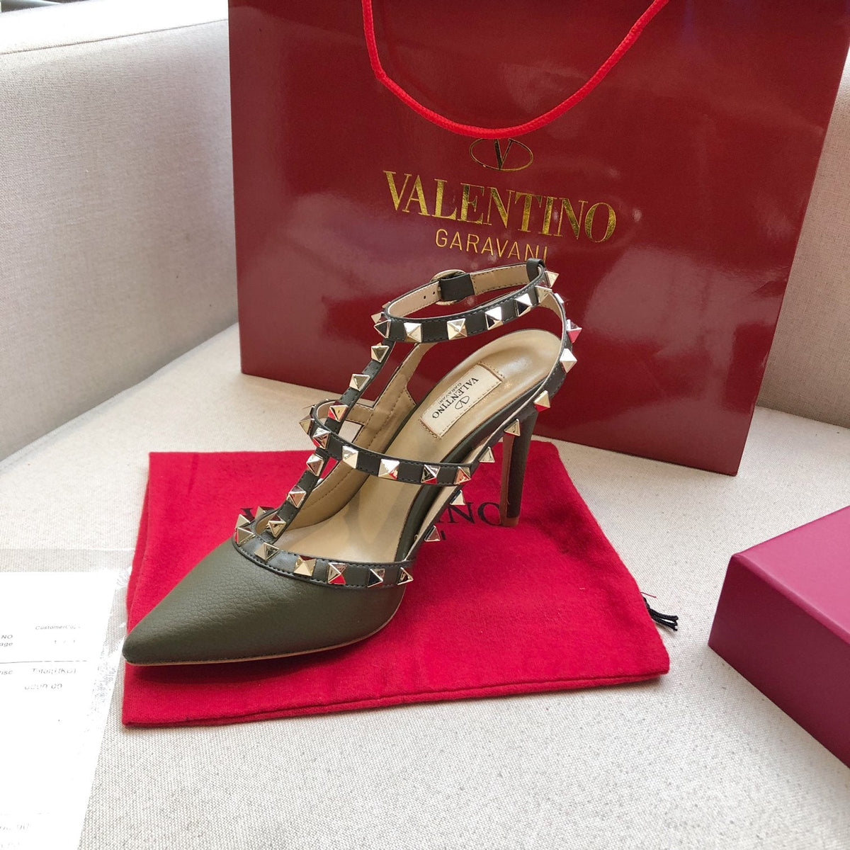 ROCKSTUD MOSS GREEN METALLIC CALFSKIN ANKLE STRAP HIGH SANDAL