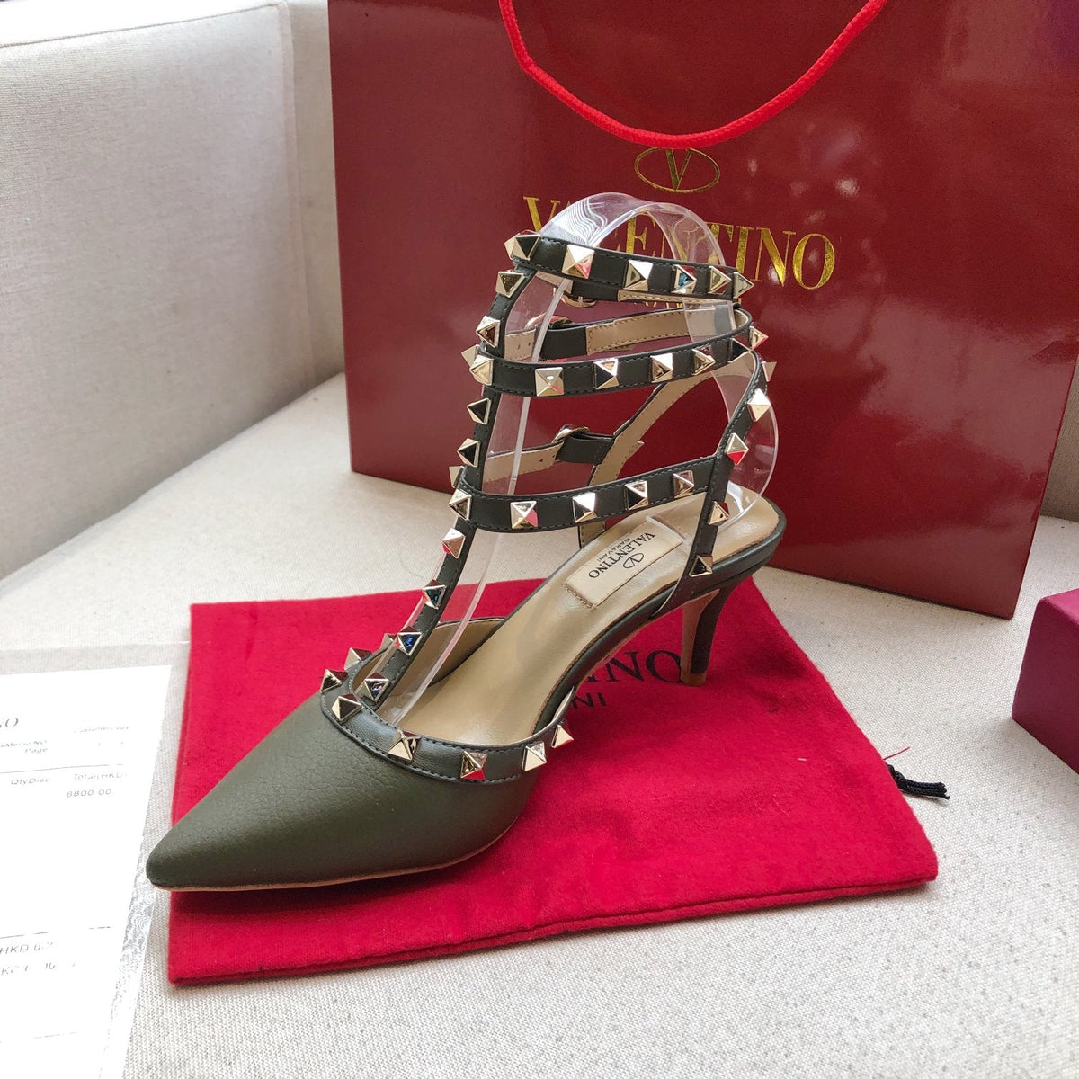 ROCKSTUD MOSS GREEN METALLIC CALFSKIN ANKLE STRAP HIGH SANDAL