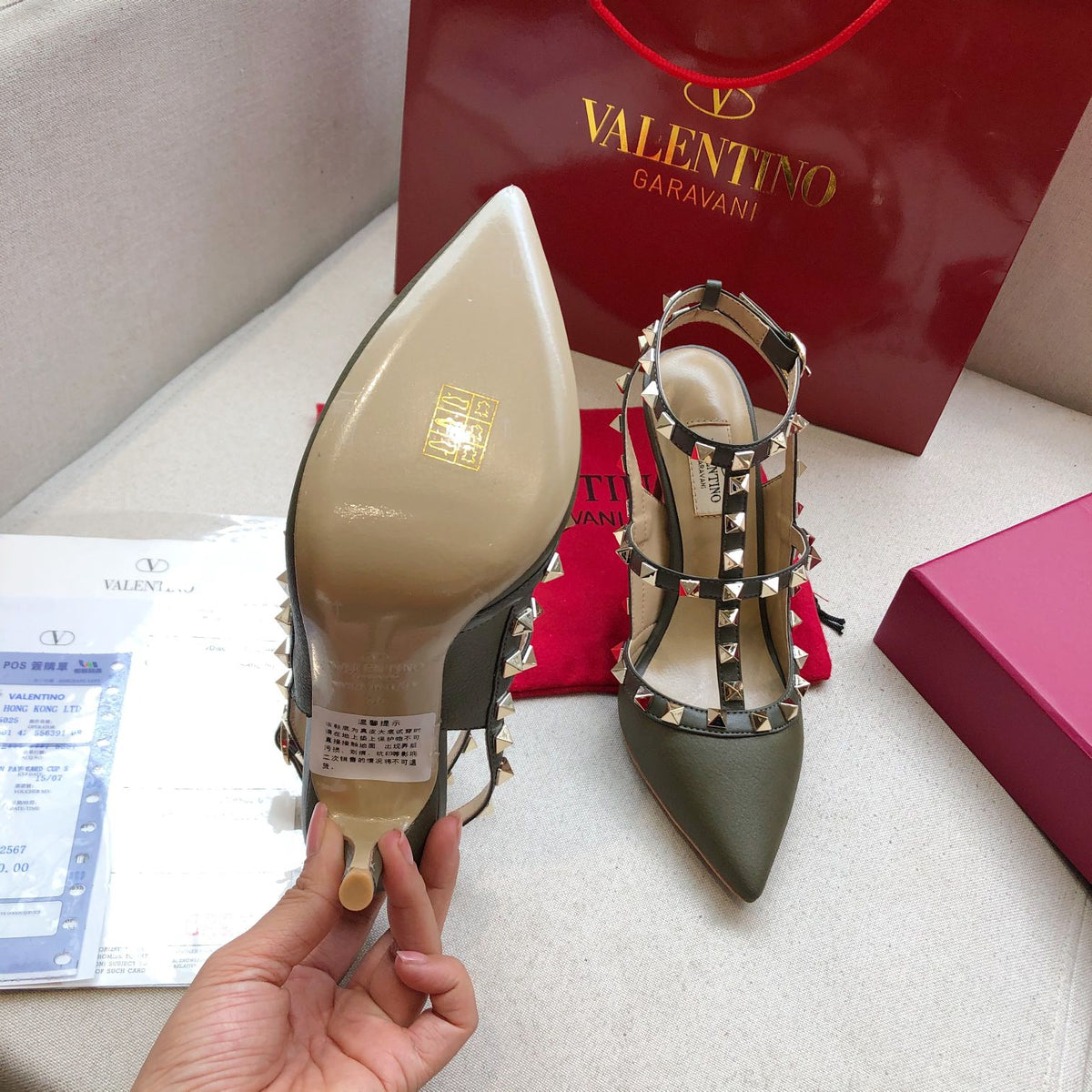 ROCKSTUD MOSS GREEN METALLIC CALFSKIN ANKLE STRAP HIGH SANDAL