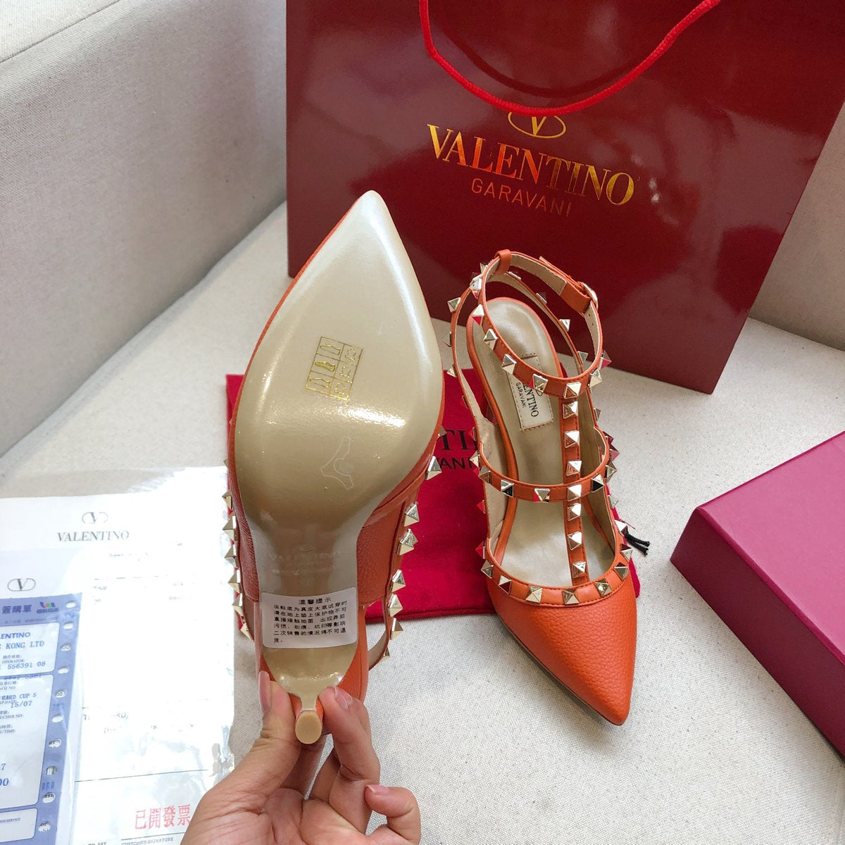 ROCKSTUD FIRE ORANGE METALLIC CALFSKIN ANKLE STRAP HIGH SANDAL