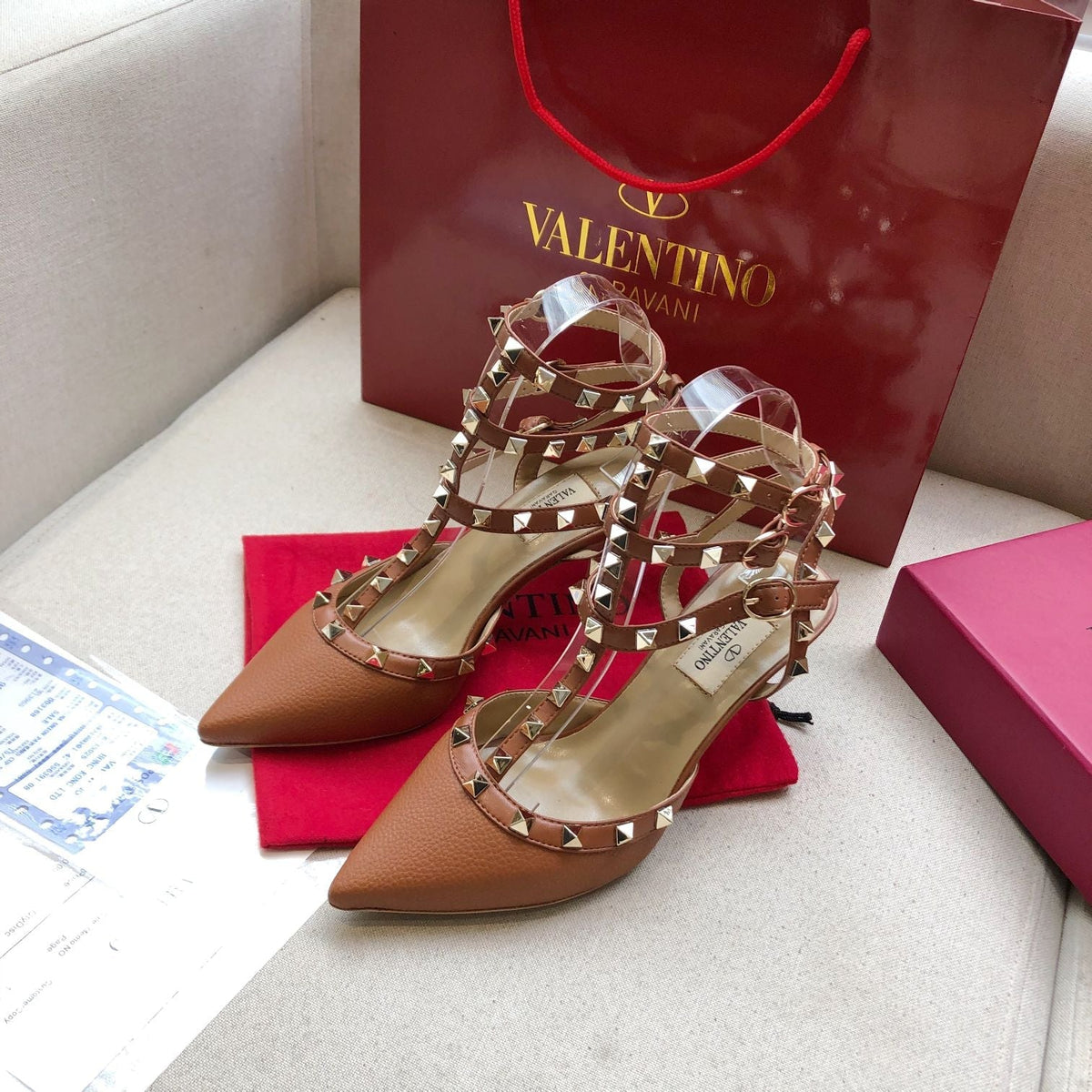 ROCKSTUD BRONZE BROWN METALLIC CALFSKIN ANKLE STRAP HIGH SANDAL