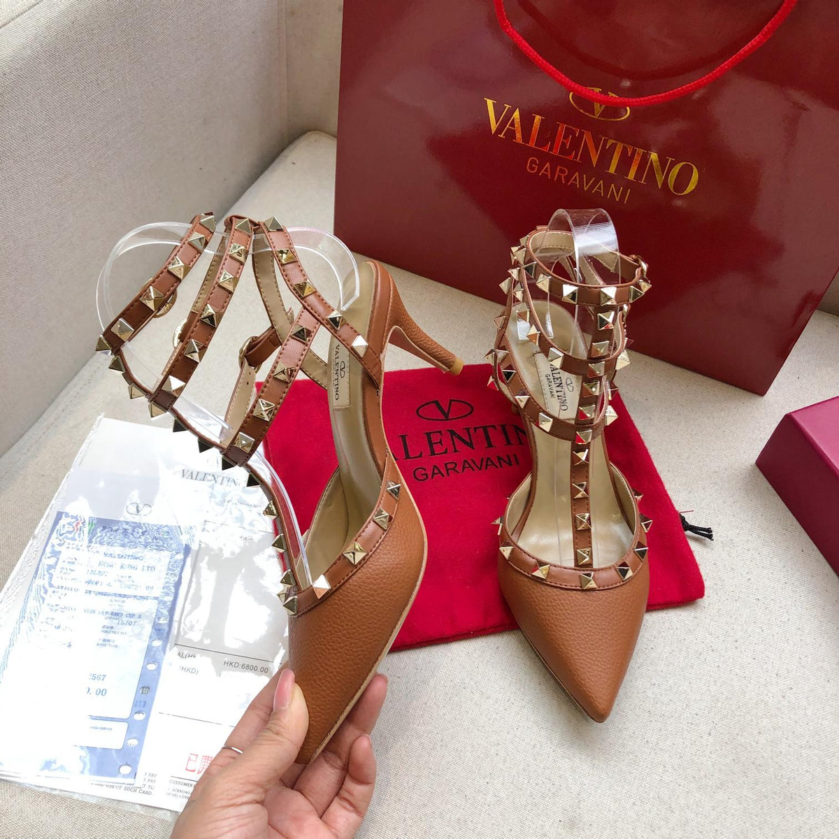 ROCKSTUD BRONZE BROWN METALLIC CALFSKIN ANKLE STRAP HIGH SANDAL