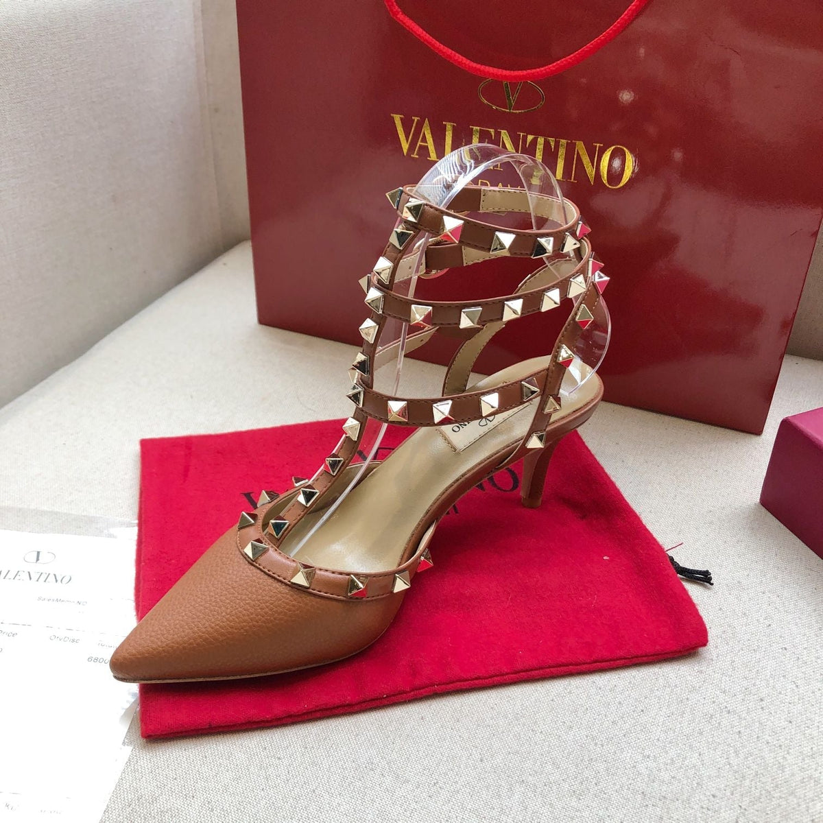 ROCKSTUD BRONZE BROWN METALLIC CALFSKIN ANKLE STRAP HIGH SANDAL