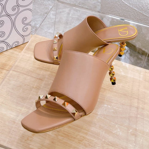 ROCKSTUD TOWER-HEEL MULES IN BRONZE BROWN CALFSKIN 7 CM